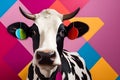 Studio portrait of a cow wearing knitted hat, scarf and mittens. Colorful winter and cold weather concept Royalty Free Stock Photo