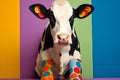 Studio portrait of a cow wearing knitted hat, scarf and mittens. Colorful winter and cold weather concept Royalty Free Stock Photo