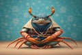 Studio portrait of crab in boho clothes doing yoga, created with Generative AI technology