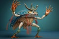 Studio portrait of crab in boho clothes joyfully dancing, created with Generative AI technology