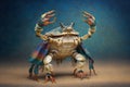 Studio portrait of crab in boho clothes joyfully dancing, created with Generative AI technology