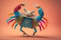 Studio portrait of crab in boho clothes joyfully dancing, created with Generative AI technology