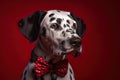 Studio portrait of a dalmatian dog wearing a red bow tie on red background.
