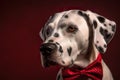 Studio portrait of a dalmatian dog wearing a red bow tie on red background.