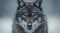 Studio portrait of dire wolf against clean white backdrop, frontal pose, intense alert stare, high-resolution fur texture Royalty Free Stock Photo