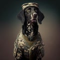 Studio portrait of dog soldier wearing uniform. Generative AI