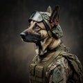 Studio portrait of dog soldier wearing uniform. Generative AI