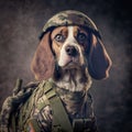 Studio portrait of dog soldier wearing uniform. Generative AI