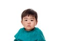 Studio portrait of an East Asian young child with a serious look on a white background