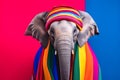 Studio portrait of an elephant wearing knitted hat, scarf and mittens. Colorful winter and cold weather concept