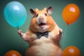 Studio portrait excited hamster in suit with balloons created with Generative AI technology