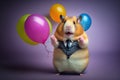 Studio portrait excited hamster in suit with balloons created with Generative AI technology