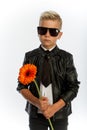 Studio portrait of fashionable blond caucasian boy with single gerbera flower, white background, copy space Royalty Free Stock Photo