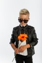 Studio portrait of fashionable blond caucasian boy with single gerbera flower, white background, copy space Royalty Free Stock Photo