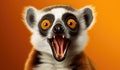 Studio Portrait of Funny and Excited Lemur on Orange Background with Shocked or Surprised Expression and Open Mouth