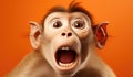 Studio Portrait of Funny and Excited Macaque Monkey on Orange Background with Shocked or Surprised Expression and Open