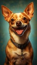 Studio portrait of funny smiling happy chihuahua dog with tongue out on teal bue backgroundl
