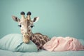 Studio portrait of giraffe in a pijama having insomnia, created with Generative AI technology