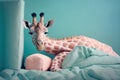 Studio portrait of giraffe in a pijama having insomnia, created with Generative AI technology