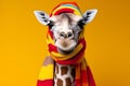 Studio portrait of a giraffe wearing knitted hat, scarf and mittens. Colorful winter and cold weather concept