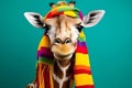 Studio portrait of a giraffe wearing knitted hat, scarf and mittens. Colorful winter and cold weather concept