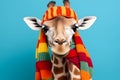 Studio portrait of a giraffe wearing knitted hat, scarf and mittens. Colorful winter and cold weather concept
