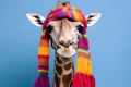 Studio portrait of a giraffe wearing knitted hat, scarf and mittens. Colorful winter and cold weather concept