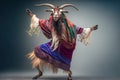 Studio portrait of goat in boho clothes joyfully dancing, created with Generative AI technology