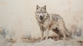 Impasto Minimalistic Zen Painting Of Gray Wolf On Beige Background