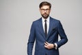 Portrait of a handsome young stylish businessman wearing glasses over grey background Royalty Free Stock Photo
