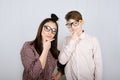 Studio Portrait of happy family mom and teenager son boy in colored glasses having fun Royalty Free Stock Photo