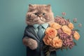 happy kitty in a business suit holding a flower bouquet, created with Generative AI technology