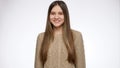 Studio portrait of happy teenage girl smiling and laughing in camera over white background Royalty Free Stock Photo