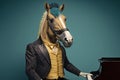 a horse dressed as a jazzman playing piano, created with Generative AI technology