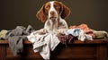 Studio portrait of a hunting dog sitting next to a pile of dirty clothes