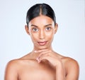 Studio portrait of Indian woman for dermatology, skincare and cosmetics for salon aesthetic. Beauty, spa and face of Royalty Free Stock Photo