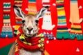 Studio portrait of a kangaroo wearing knitted hat, scarf and mittens. Colorful winter and cold weather concept