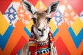 Studio portrait of a kangaroo wearing knitted hat, scarf and mittens. Colorful winter and cold weather concept