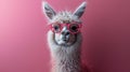 studio portrait of a lama wearing pink sunglasses