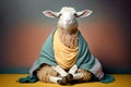 Studio portrait of lamb in boho clothes doing meditation, created with Generative AI technology