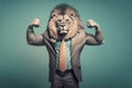 lion in a business suit flexed biceps, created with Generative AI technology