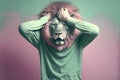 a lion in casual clothes being stressed, created with Generative AI technology