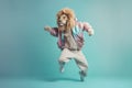 a lion dressed in sportswear being active, created with Generative AI technology