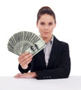 Studio portrait, money and business woman with lotto award, dollar bills giveaway or cash investment, savings or income