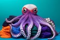 Studio portrait of an octopus wearing knitted hat, scarf and mittens. Colorful winter and cold weather concept