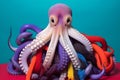 Studio portrait of an octopus wearing knitted hat, scarf and mittens. Colorful winter and cold weather concept