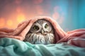 owl in pijama having insomnia lying bed, concept of Sleeplessness created with Generative AI technology