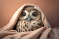 owl in pijama having insomnia lying bed, concept of Sleeplessness created with Generative AI technology