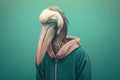 a pelican in casual clothes being sad created with Generative AI technology