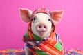 Studio portrait of a pig or piglet wearing knitted hat, scarf and mittens. Colorful winter and cold weather concept